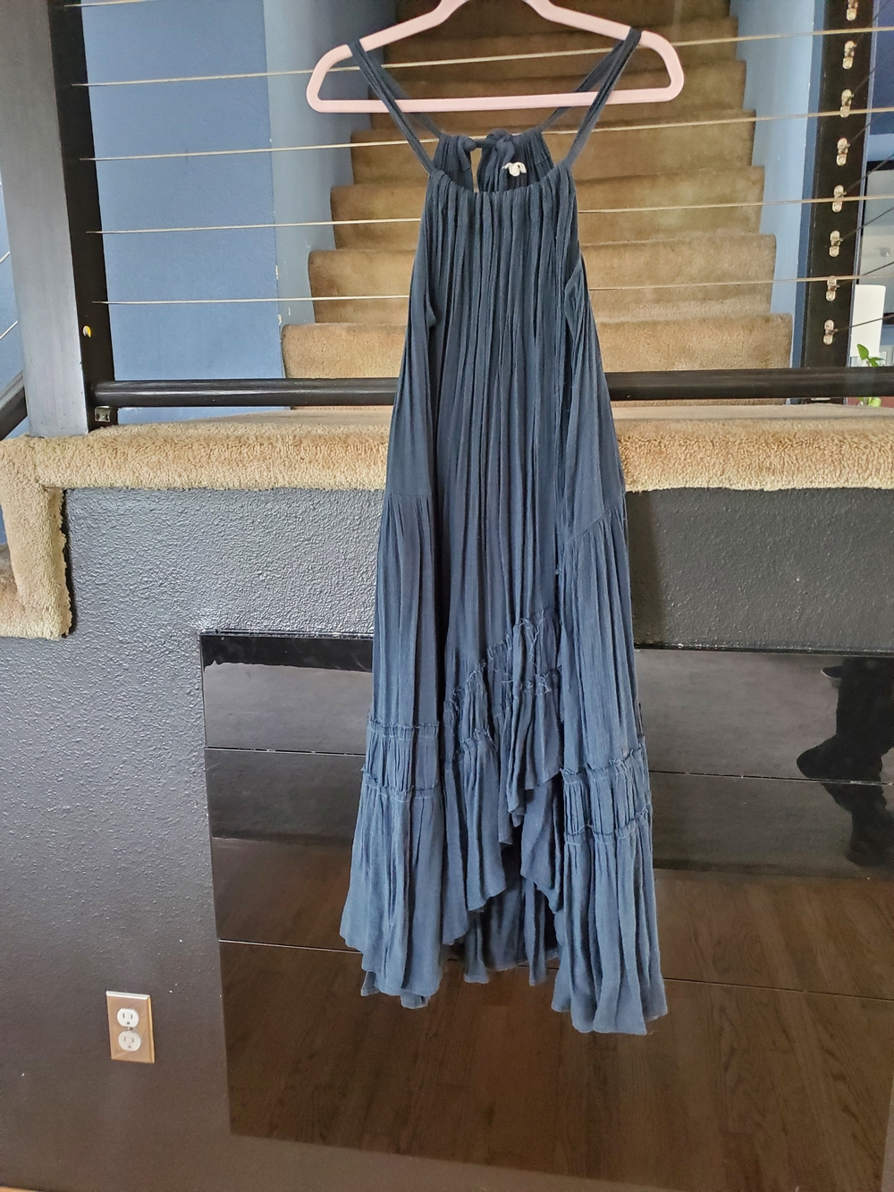 easel Slate Blue Crinkle Tiered Midi Dress - Picture 1 of 7